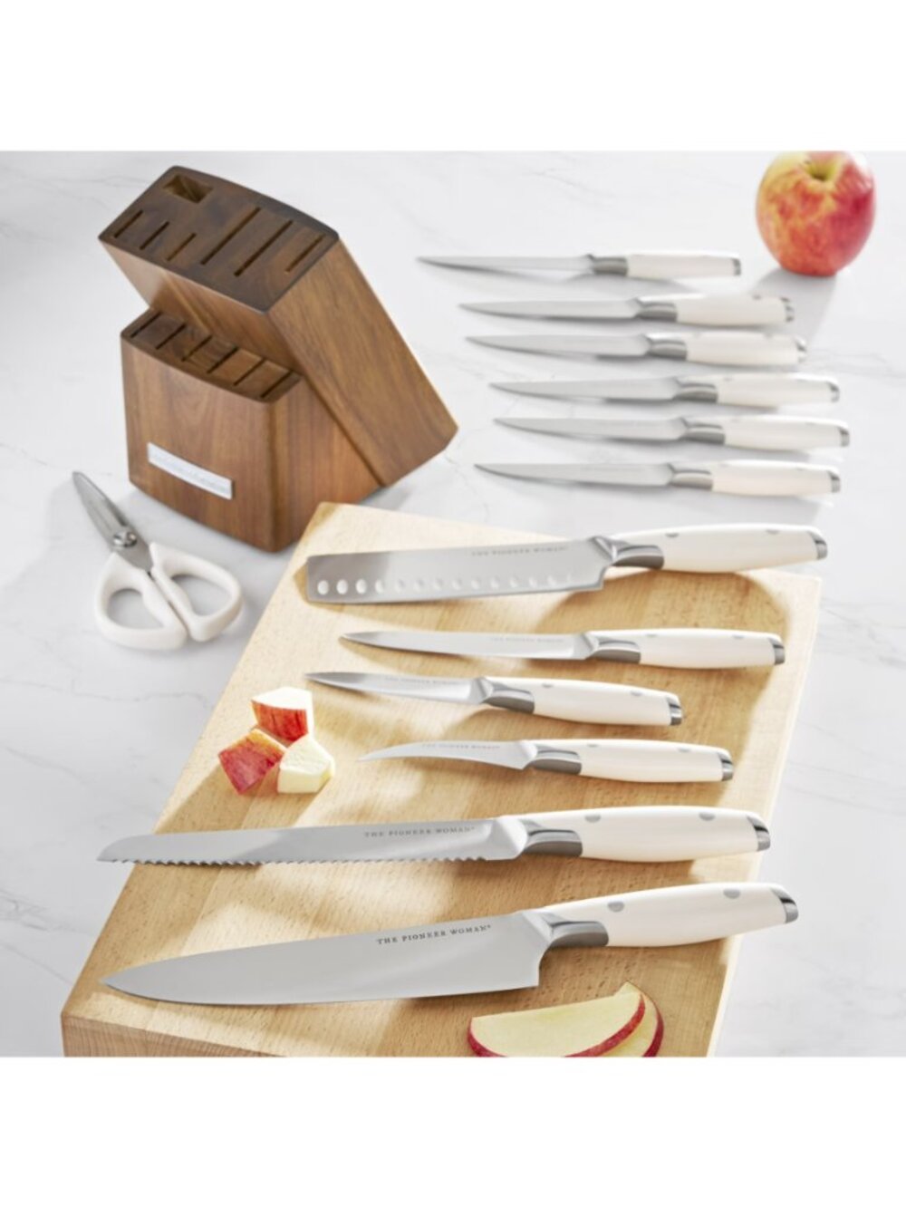 The Woman Pioneer Linen 14-Piece Acacia Wood Stainless Steel Knife Block Set